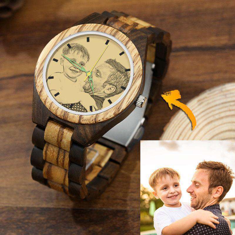 Men's Engraved Wooden Photo Watch Wooden Strap 45mm