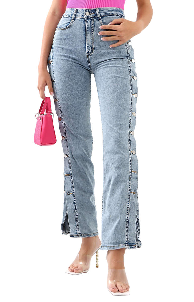 Ladies Side Button Denim Jeans - Blue - Blue / S