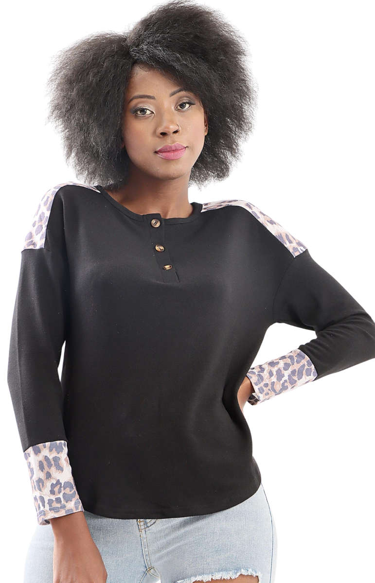 Ladies Animal Print Detail Top - Black - Black / L