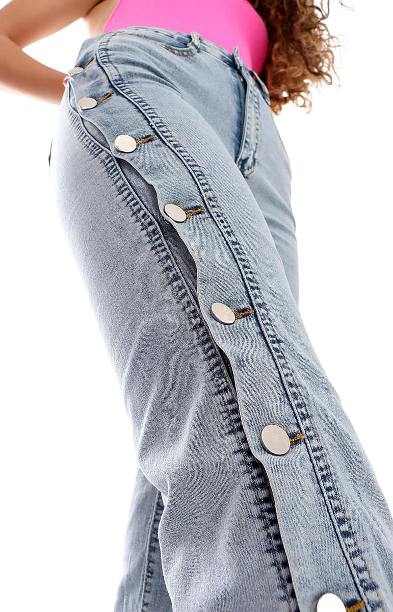 Ladies Side Button Denim Jeans - Blue - Blue / S