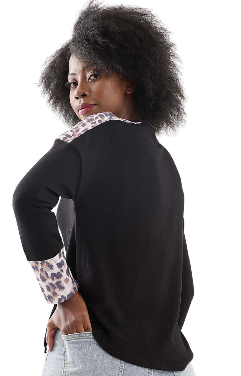 Ladies Animal Print Detail Top - Black - Black / L