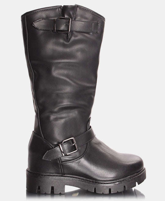 URBAN STYLE KNEE HIGH PLATFORM BUCKLE BOOTS - BLACK
