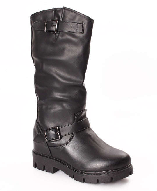 URBAN STYLE KNEE HIGH PLATFORM BUCKLE BOOTS - BLACK