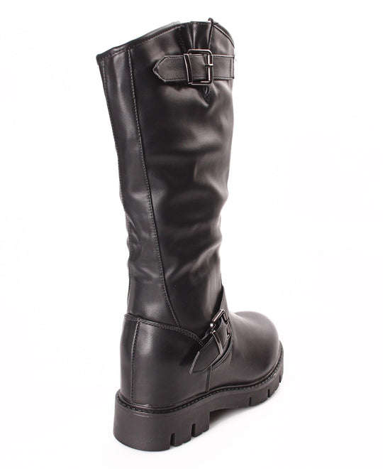 URBAN STYLE KNEE HIGH PLATFORM BUCKLE BOOTS - BLACK