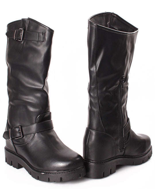URBAN STYLE KNEE HIGH PLATFORM BUCKLE BOOTS - BLACK