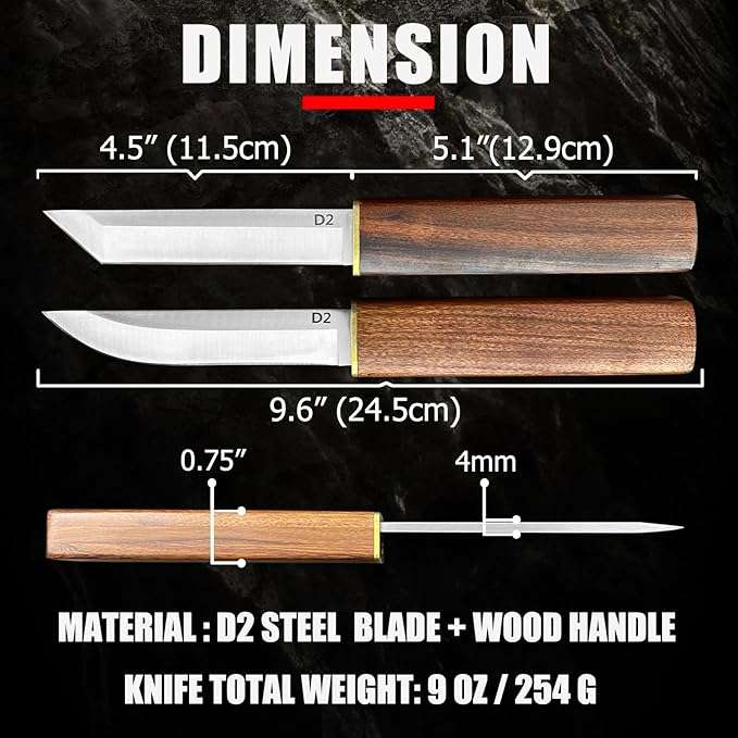 2PCS Katana Japanese Fixed Blade Knife with Wood Handle - D2 Steel Tanto Knife + Drop Point Knife...