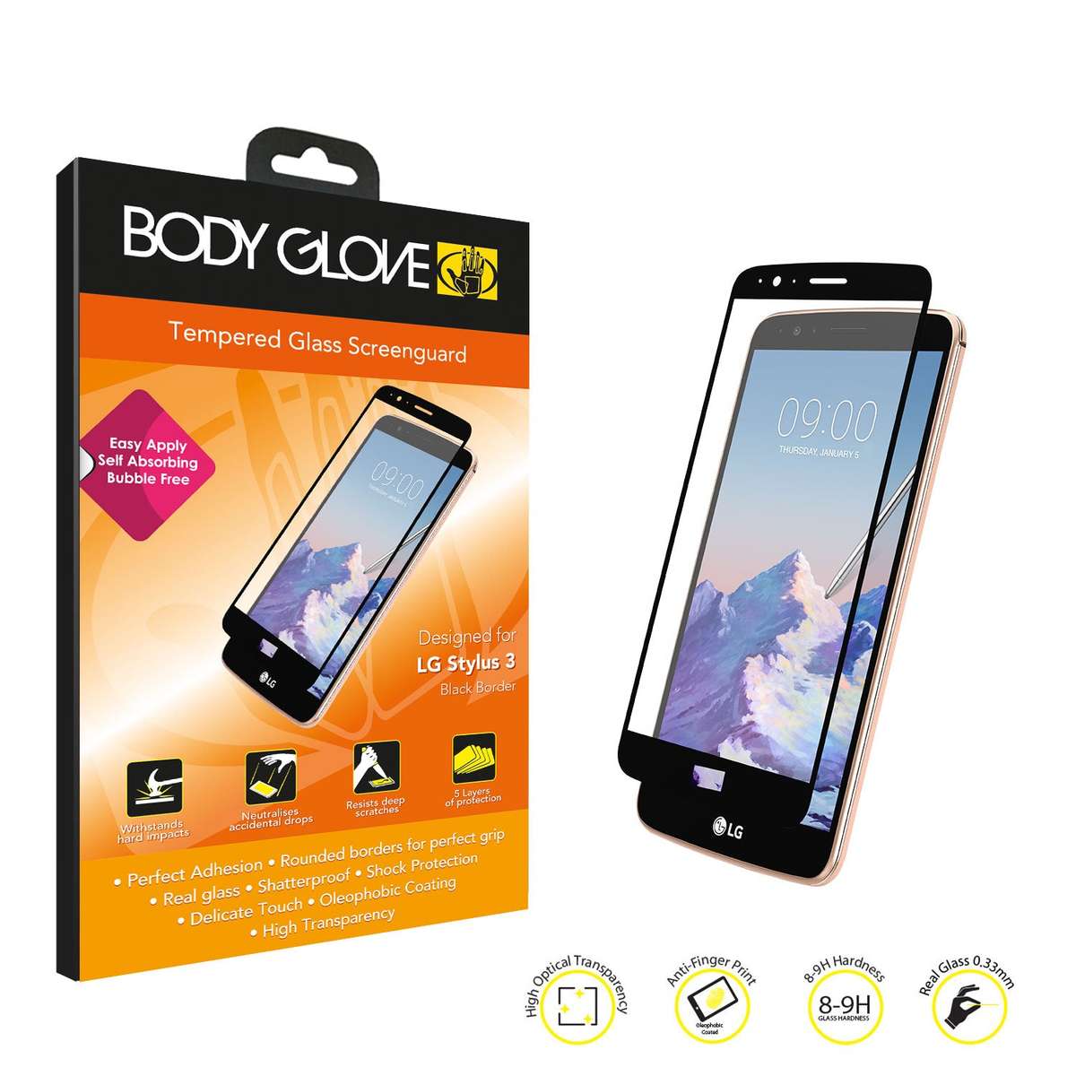 Body Glove Tempered Glass Screen Protector  LG Stylus 3 Black trim