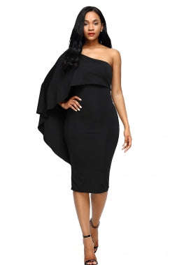 Black Batwing Sleeve One Shoulder Sheath Dress