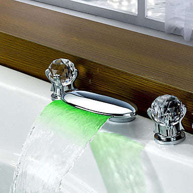 LED Widespread Waterfall Double Handles Three Holes for  Chrome  Bathroom Basin Sink Faucet
