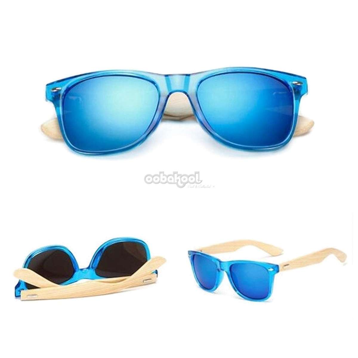 Bamboo Retro Sunglasses / Blue Frame / Anti-Glare Sky Blue Pilot Lenses