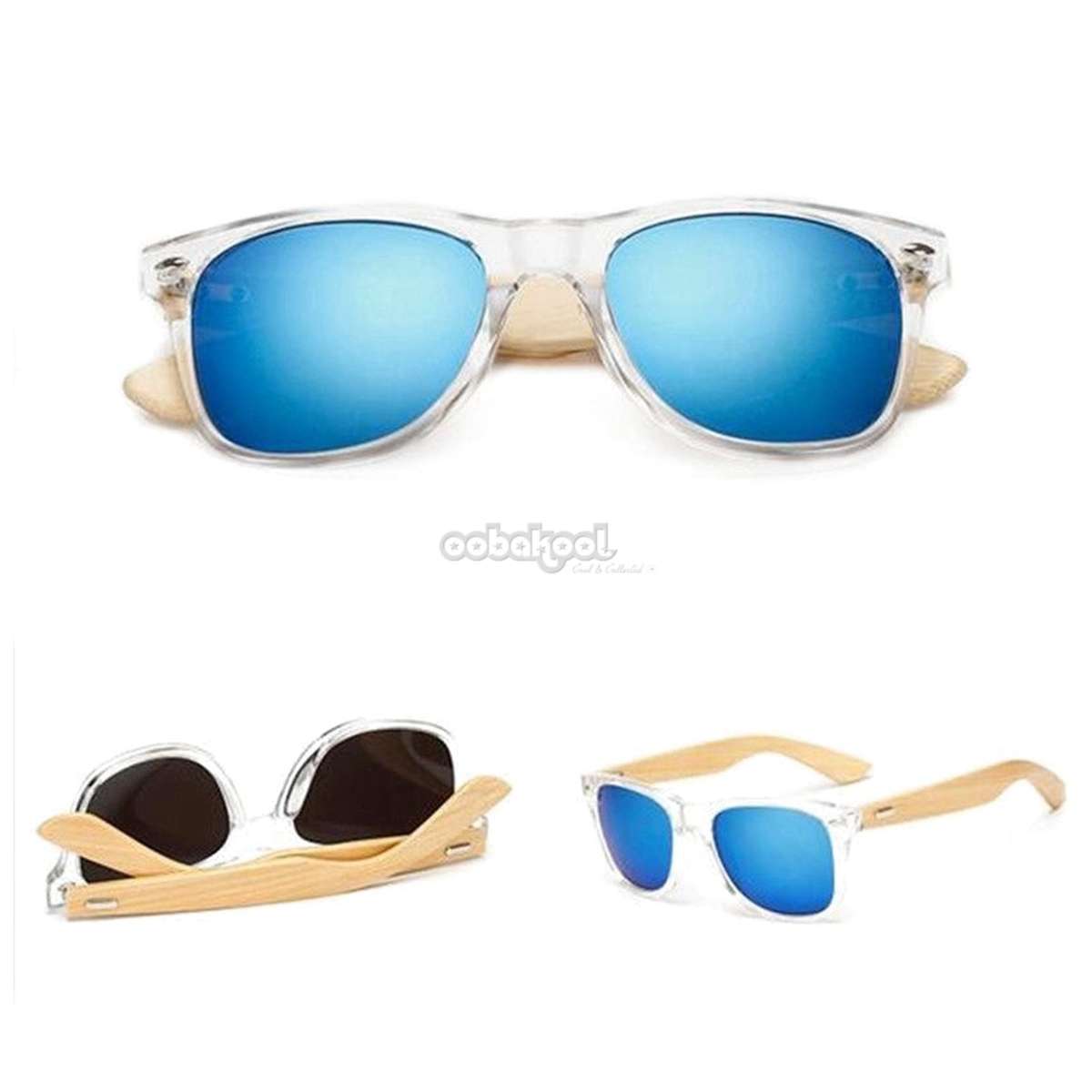 Bamboo Retro Sunglasses / Clear Frame / Anti-Glare Sky Blue Pilot Lenses