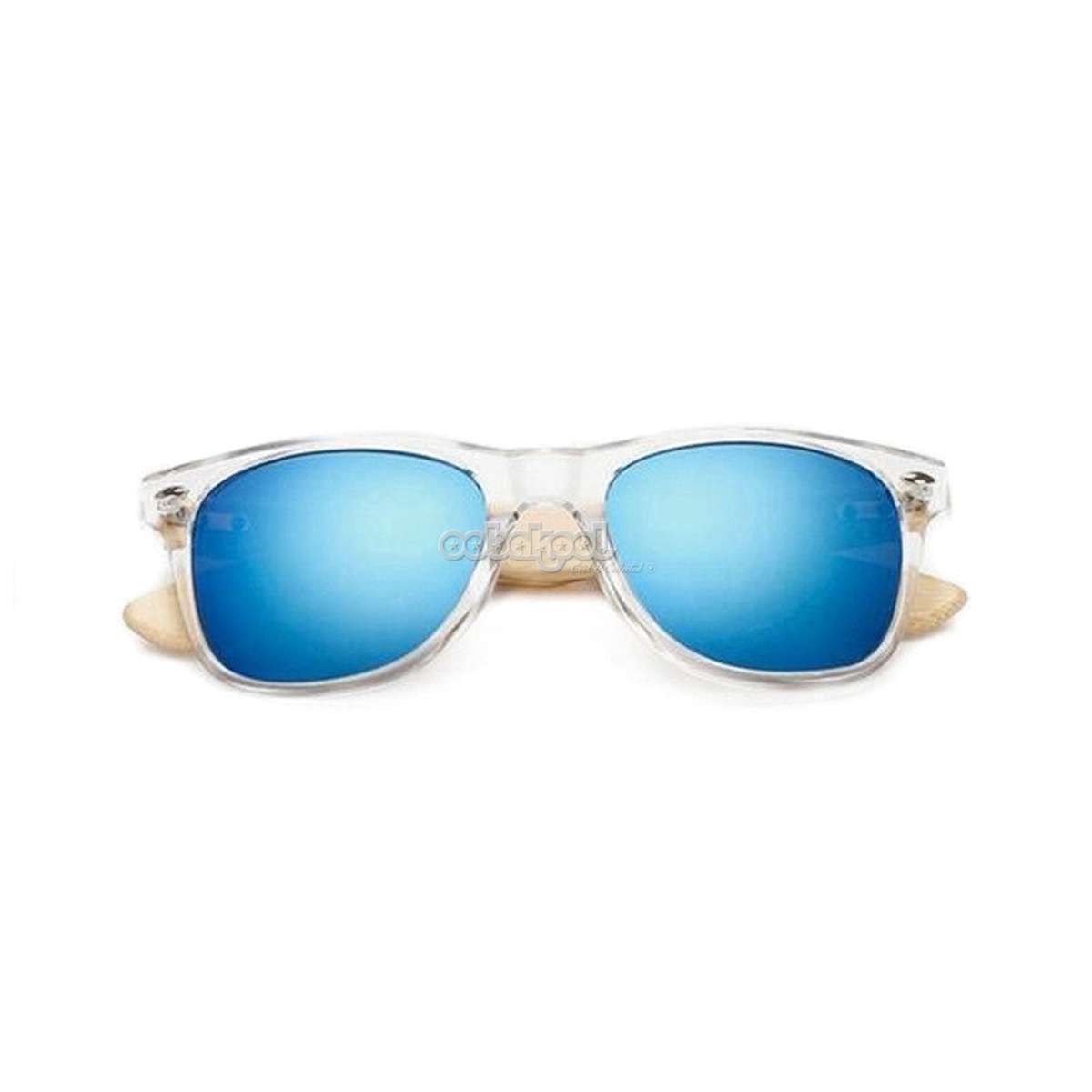 Bamboo Retro Sunglasses / Clear Frame / Anti-Glare Sky Blue Pilot Lenses