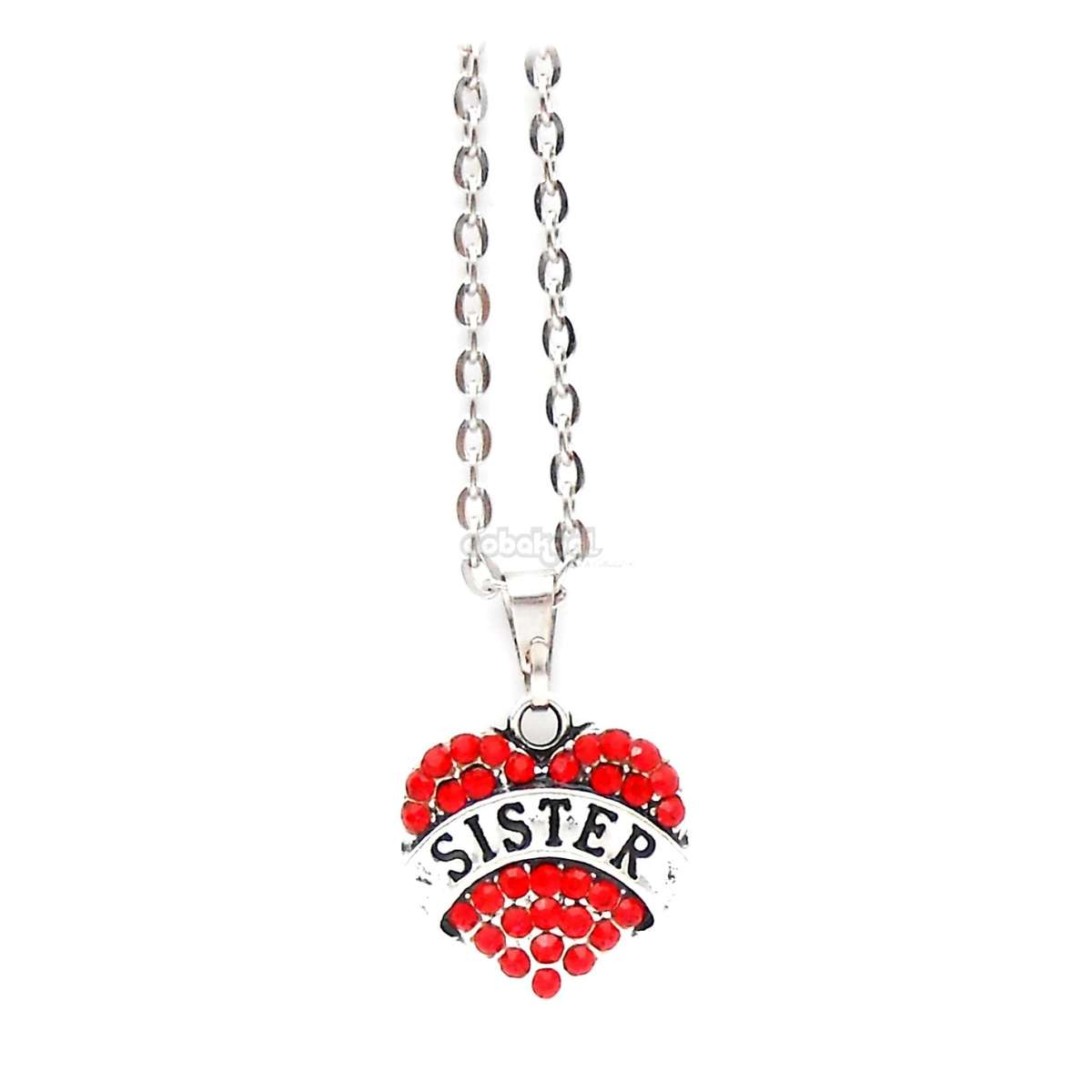 Sister / Heart Diamante Necklace / Various Colours - Red