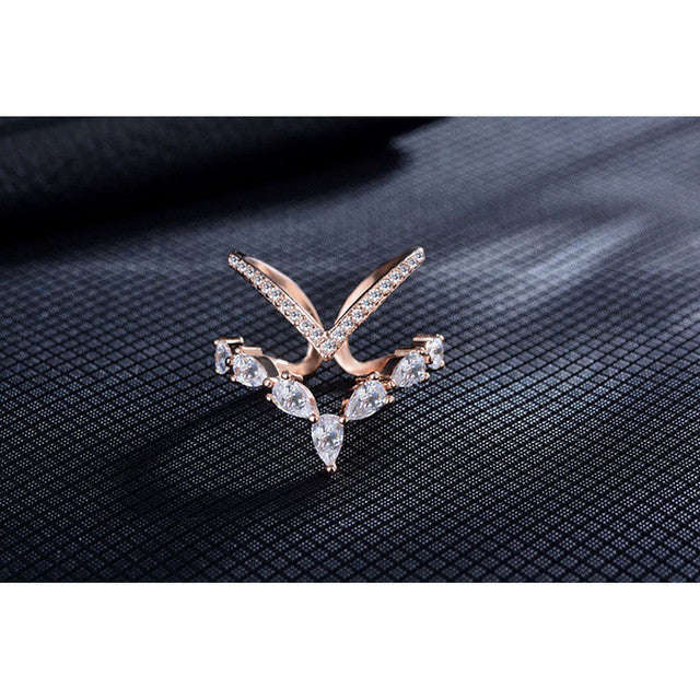 Silver plated water-Drop Cubic Zirconia Crystal Ring - Resizable / Rose Gold
