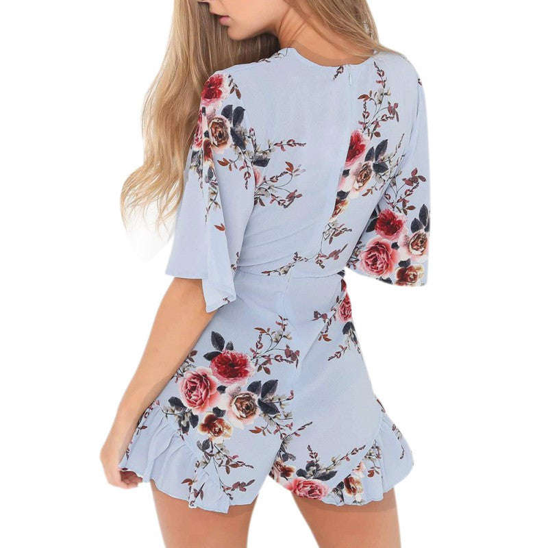 New Floral Print Playsuits Women Elegant Summer V Neck With Sashes Jumpsuits Rompers S... - Blue / M