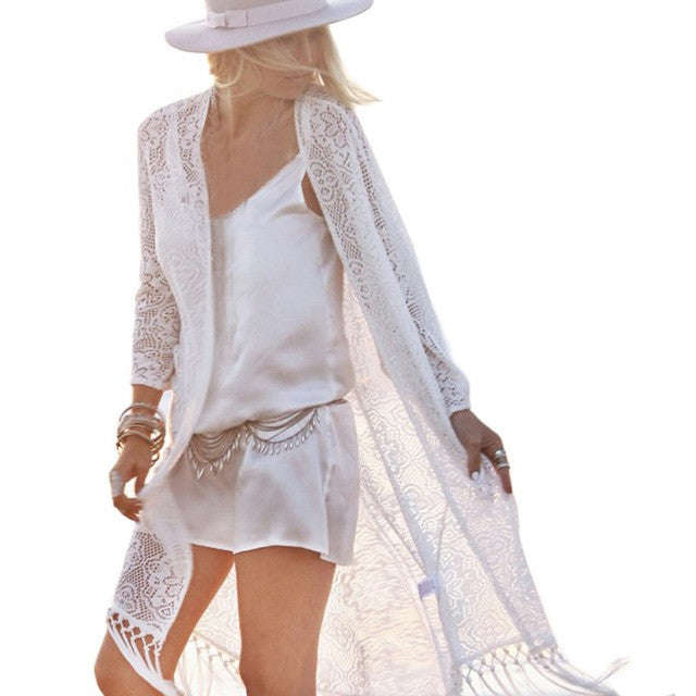 Women's White Tassels Beach Cover Up C - Beige / XL