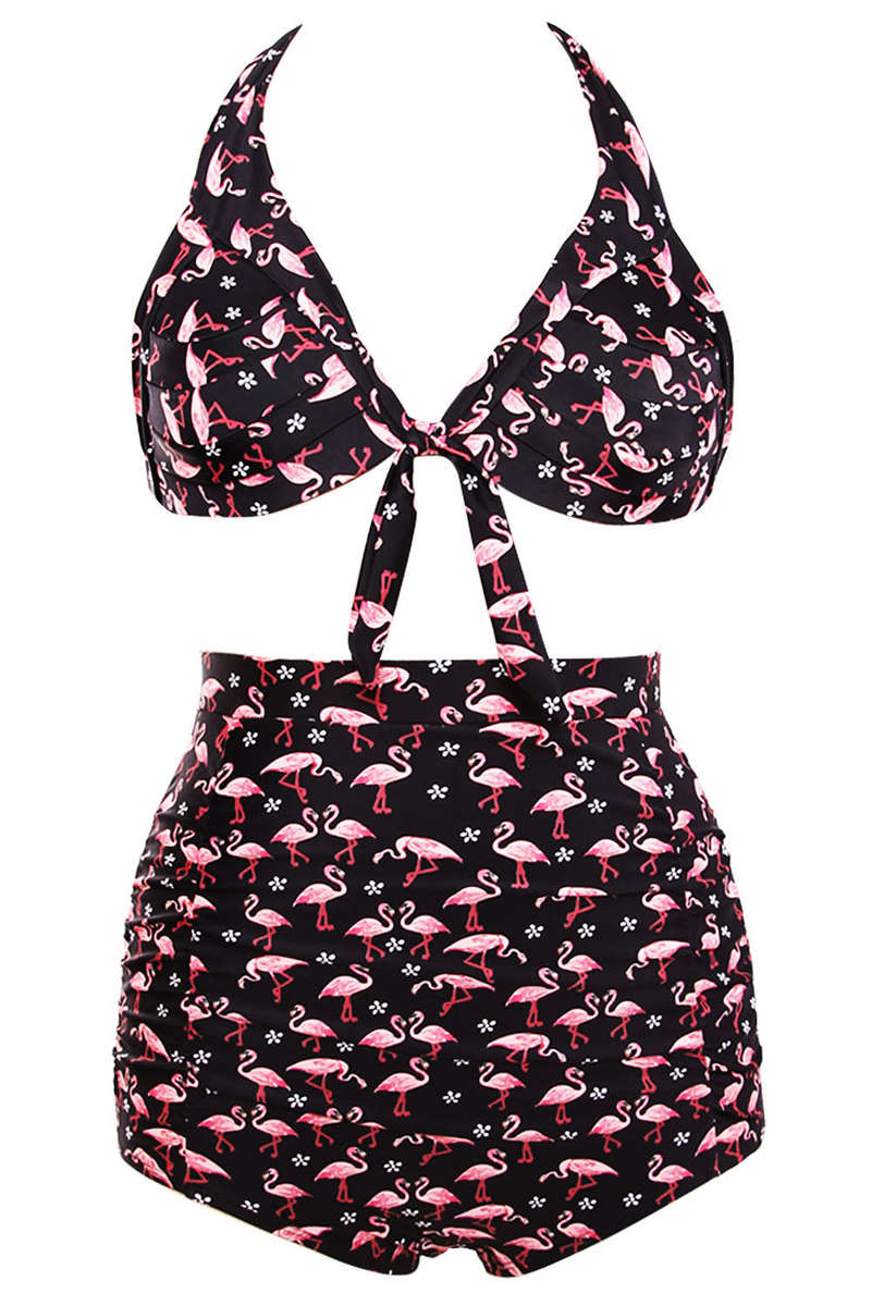 Waterfowl Print Black Retro High Waist 2 Pieces Swimsuit - as shown / (US 14-16)XL