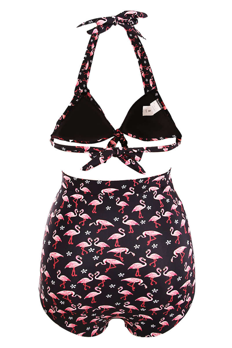 Waterfowl Print Black Retro High Waist 2 Pieces Swimsuit - as shown / (US 14-16)XL