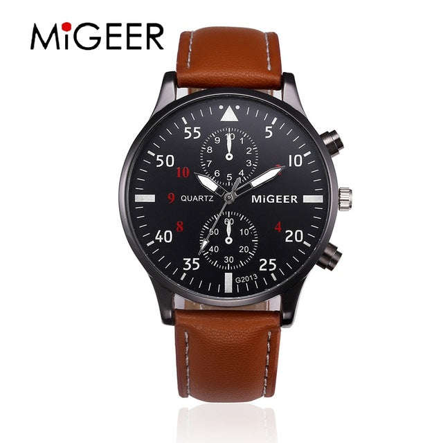 MIGEER 2017 Fashion Casual Mens Watches Luxury Leather Business Quartz-Watch Men  Militar... - Brown