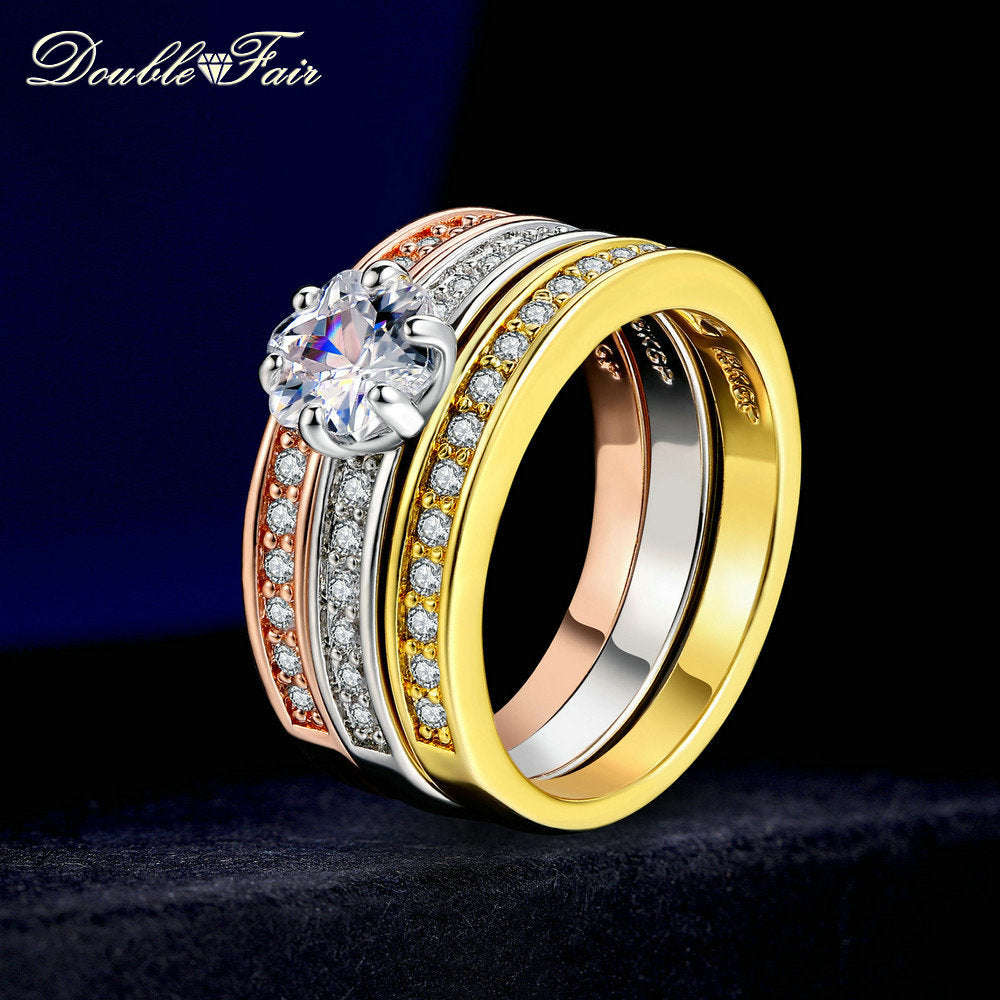 Double Fair 3 Rounds Women's Ring Set Silver/Rose Gold Color Flower Crystal Stone Wedding Jew... - 8