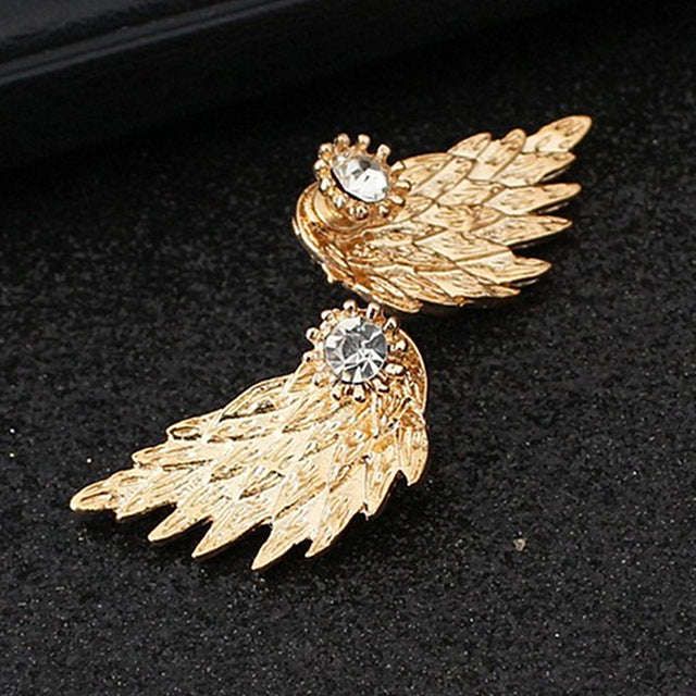 Angel Wings Stud Earrings Rhinestone Inlaid Alloy Ear - Gold