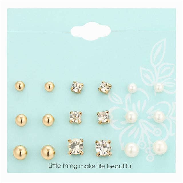 9 Pairs/set Crystal Simulated Pearl Stud Earrings - EJCS080gold / Clear