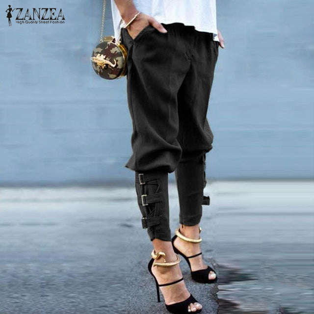 Harem Loose Pockets Elastic Waist Pants Leisure Army Green Pants - Black / M