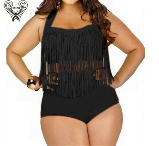 Plus Size Fringe Bikini Set Underwire Push Up Swimwear Women High Waist - Black / L