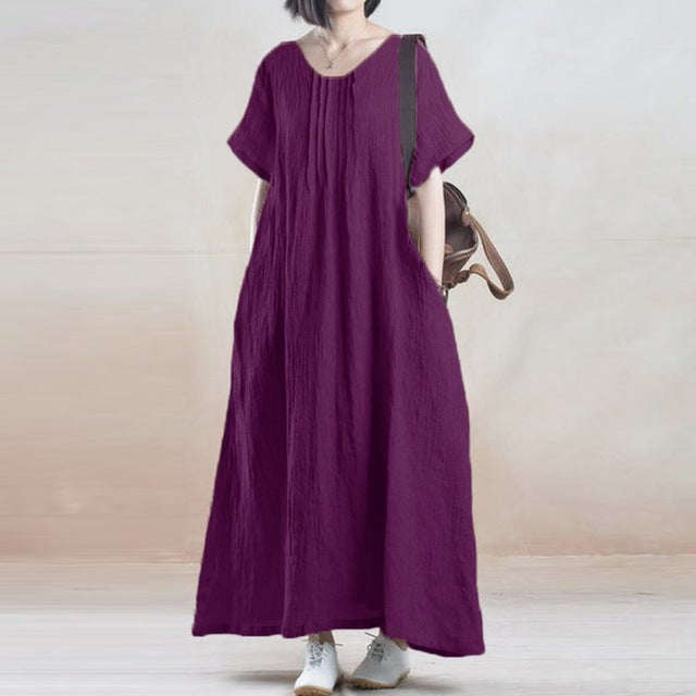 Vintage Casual Loose Solid Long Maxi Dresses Short Sleeve O Neck Cotton Plus Size - Purple / 5XL