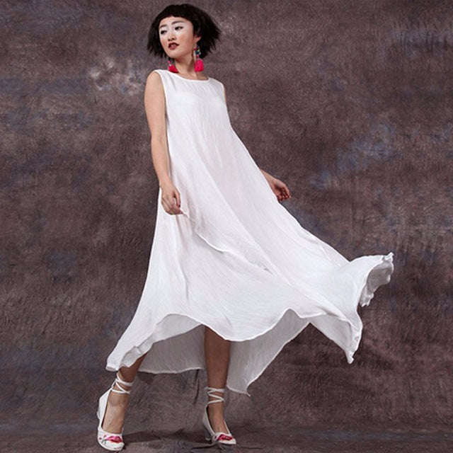 O Neck  Long Maxi Cotton Linen Dresses Casual Loose Plus Size - White / XXL