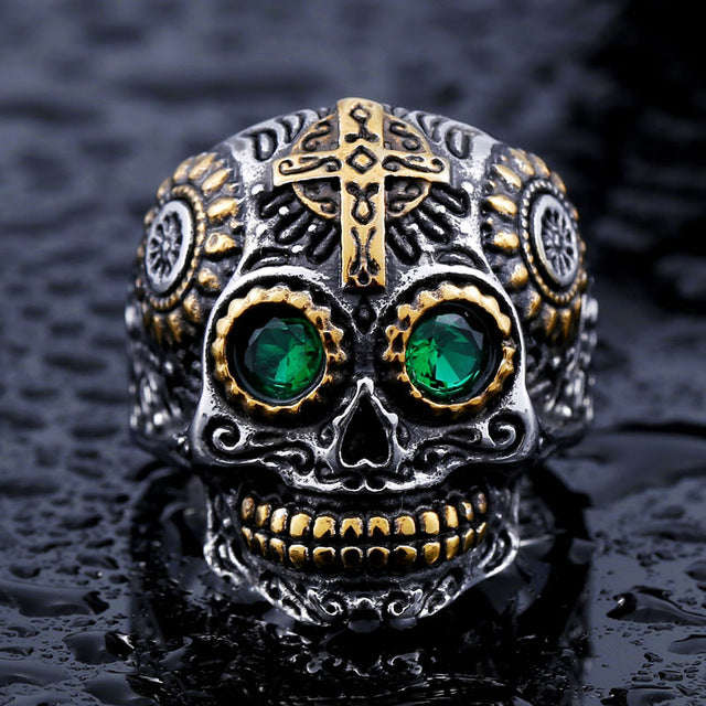 Gothic Carving Ring Stainless Steel Detail Biker Skull - 11 / green eye / US SIZE