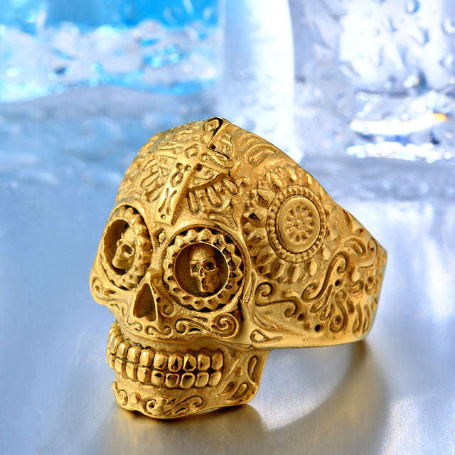 Gothic Carving Ring Stainless Steel Detail Biker Skull - 12 / full gold colour / US SIZE