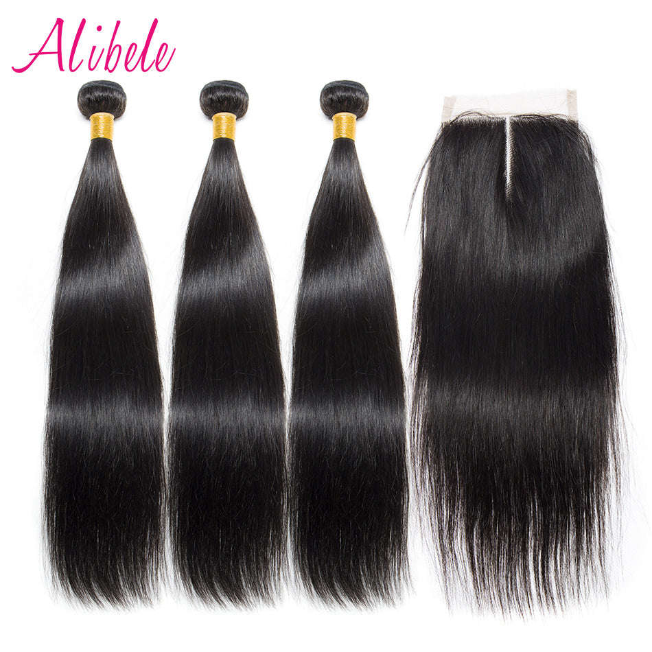 Brazilian Straight Hair 3 Bundles With Closure Middle Part 100% Human... - 10 & 12 & 14 & Closure 10
