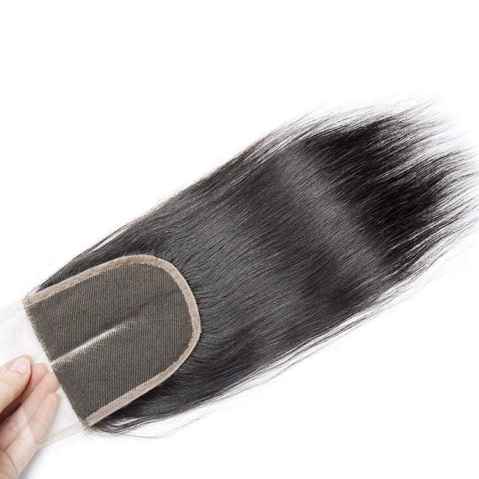 Brazilian Straight Hair 3 Bundles With Closure Middle Part 100% Human... - 10 & 12 & 14 & Closure 10