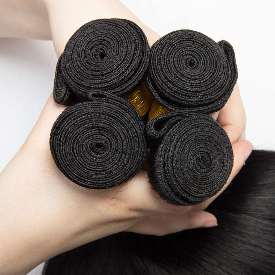 Brazilian Straight Hair 3 Bundles With Closure Middle Part 100% Human... - 10 & 12 & 14 & Closure 10