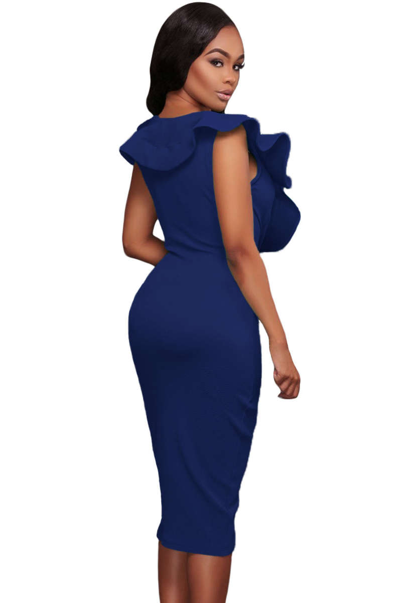 Blue Ruffle V Neck Bodycon Midi Dress - Blue / (US 8-10)M