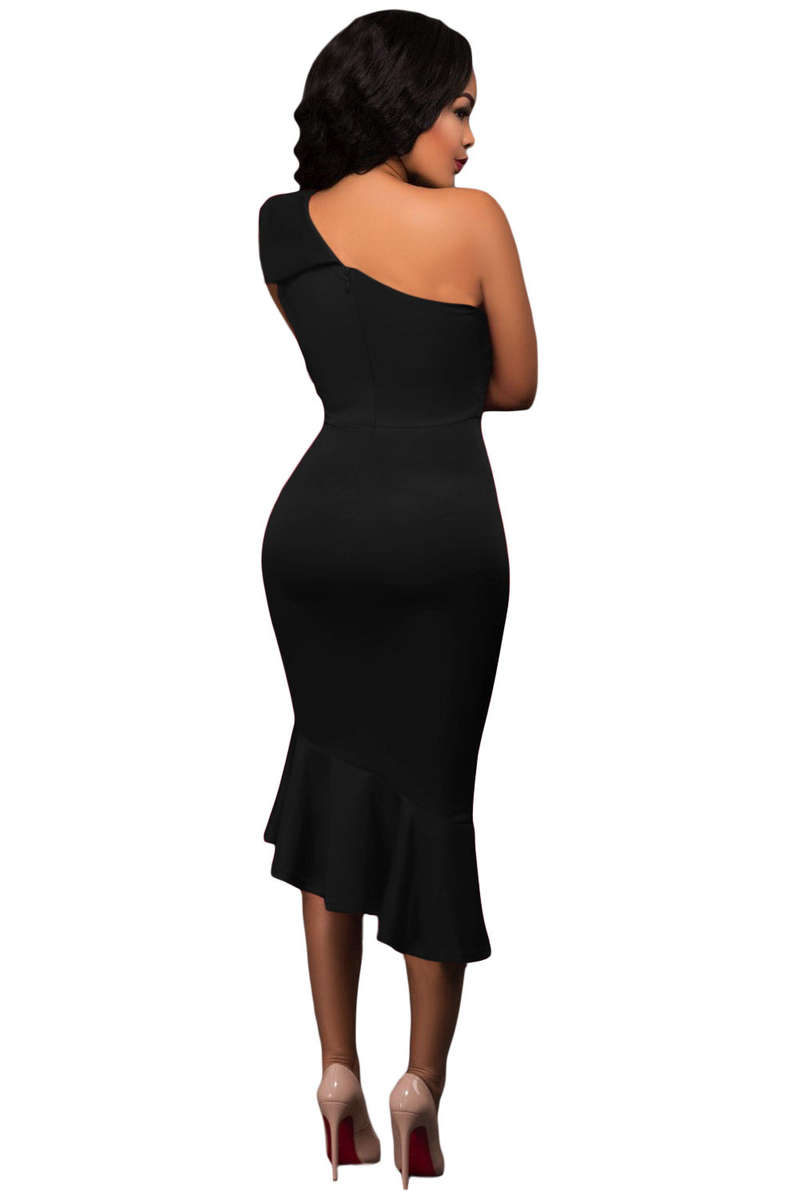 Black Single Shoulder Ruffle Party Dress - Black / (US 12-14)L