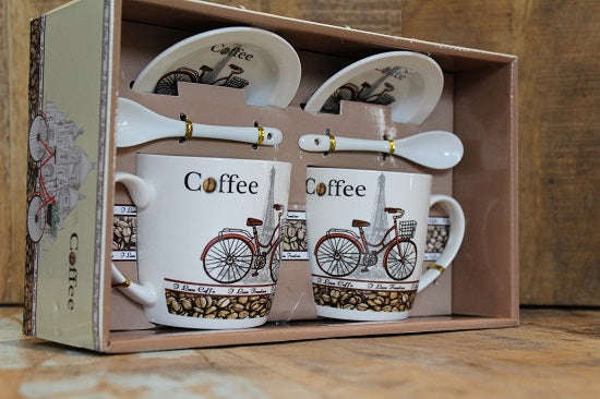 Bicycle Eiffel Tower Coffee Gift Box with 2 Printed Cups, Saucers & Spoons