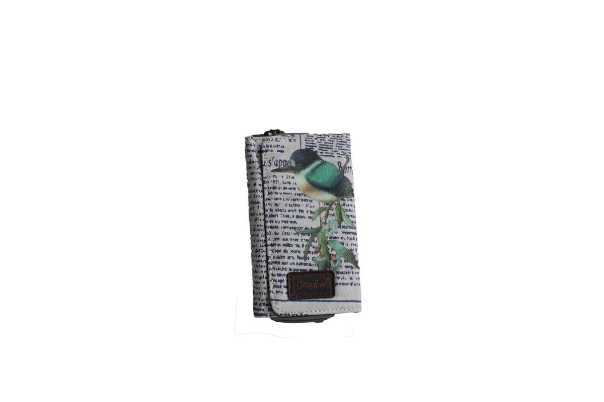Grey Compact Purse with Newspaper Design & Bird Detail (150mm x 90mm)