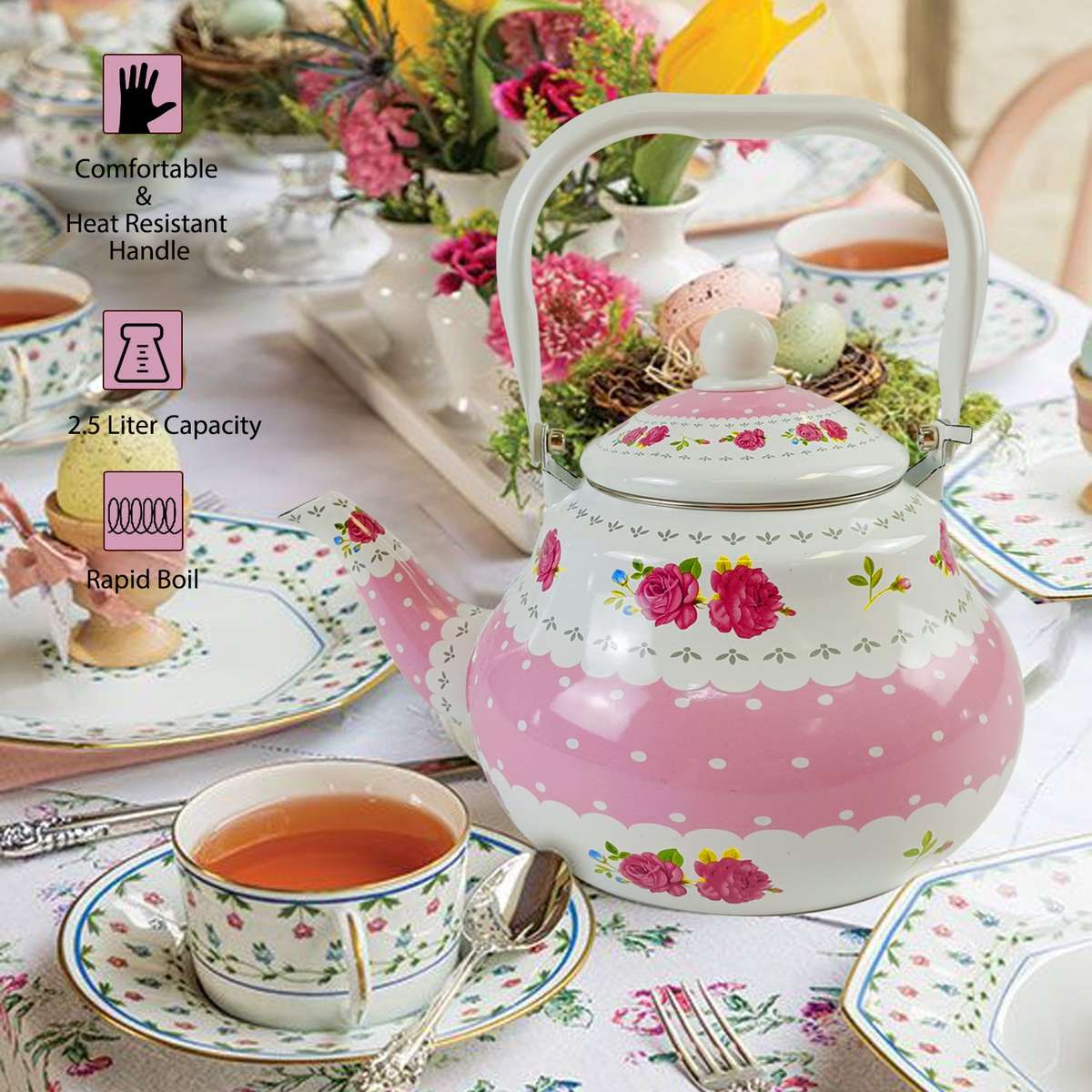 Agate Enamel Teapot 2.5LT Lace Ribbon Design