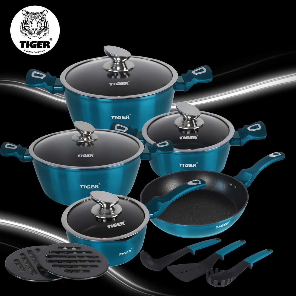 Tiger Non-Stick 15 Piece Marble Coating Cookware Set Aquamarine