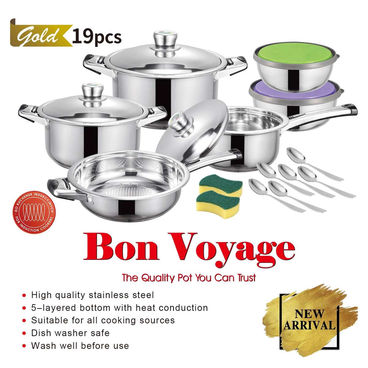 Bon Voyage Gold 19 Piece Stainless Pots Set