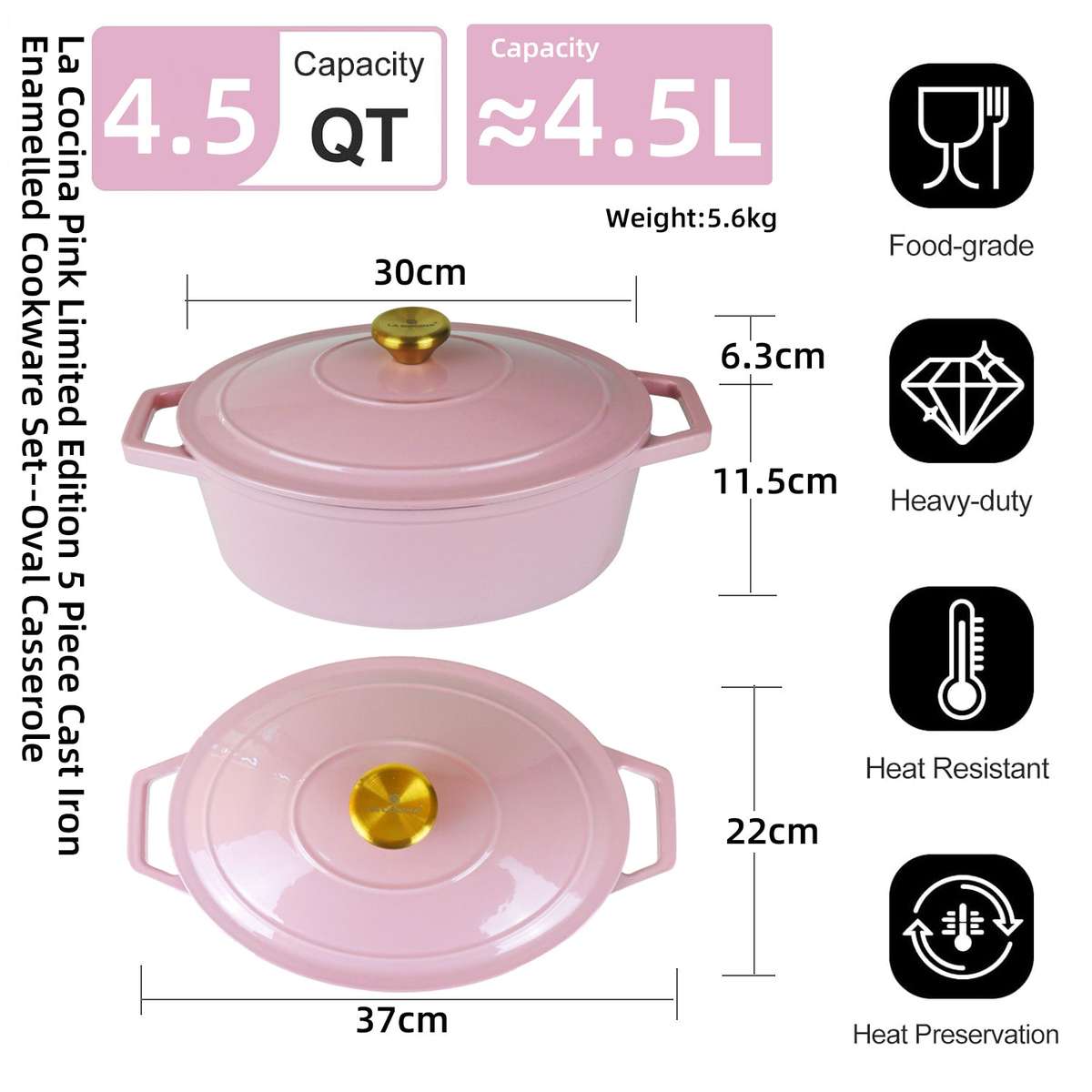 La Cocina 5 Piece Pink Limited Edition Cast Iron Enamel Cookware Set