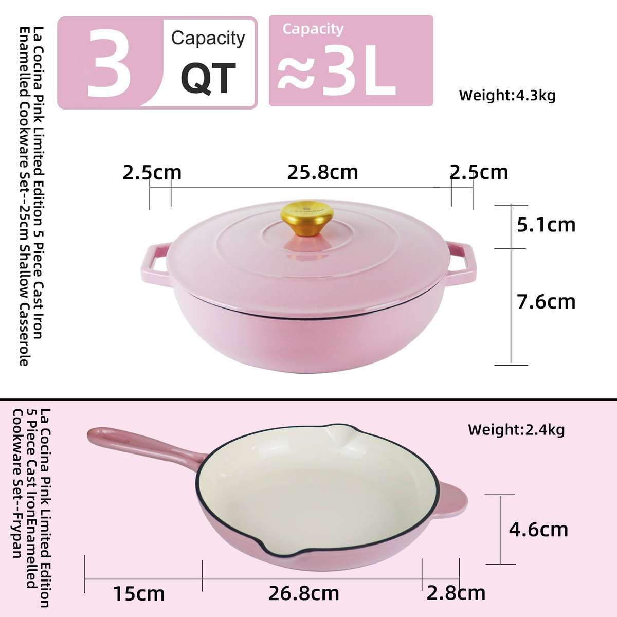 La Cocina 5 Piece Pink Limited Edition Cast Iron Enamel Cookware Set