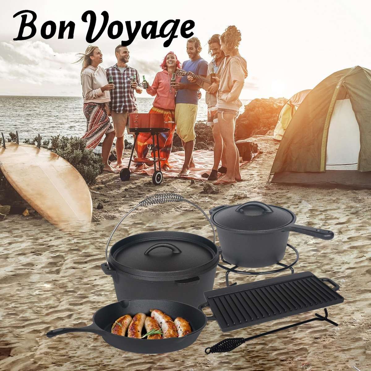 7-Piece Pre-Seasoned Cast Iron Camping Cookware Set