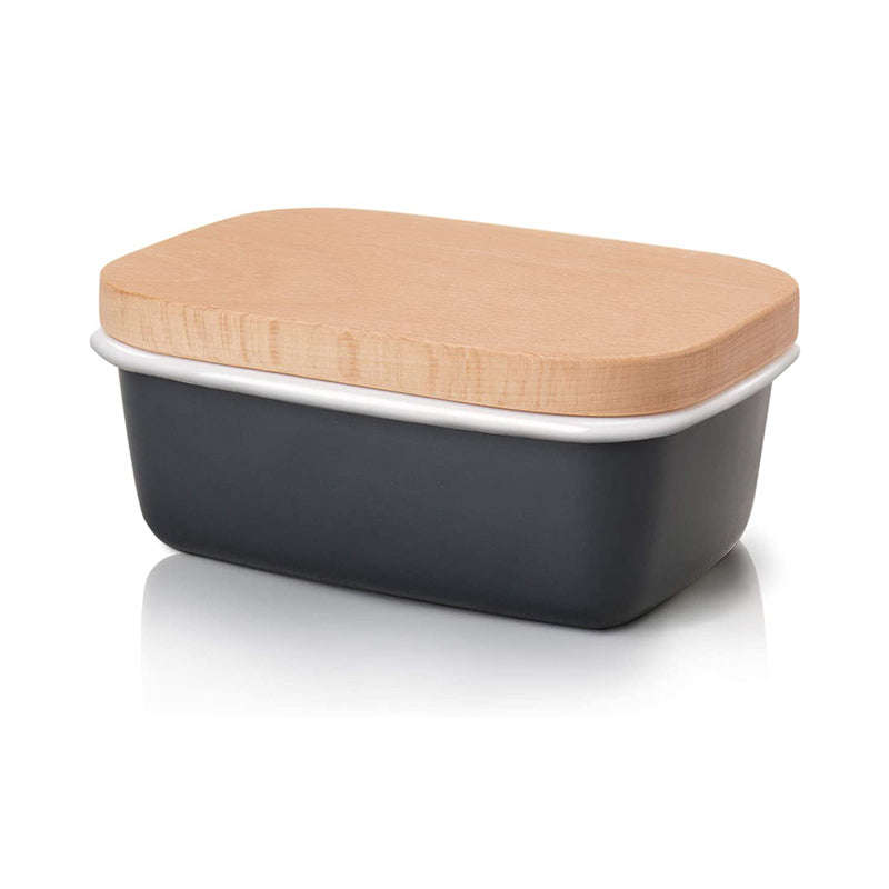 Agate Premier Quality Enamel Rectangular Butter Dish Butter Keeper wit... - Charcoal Grey / Wood Lid