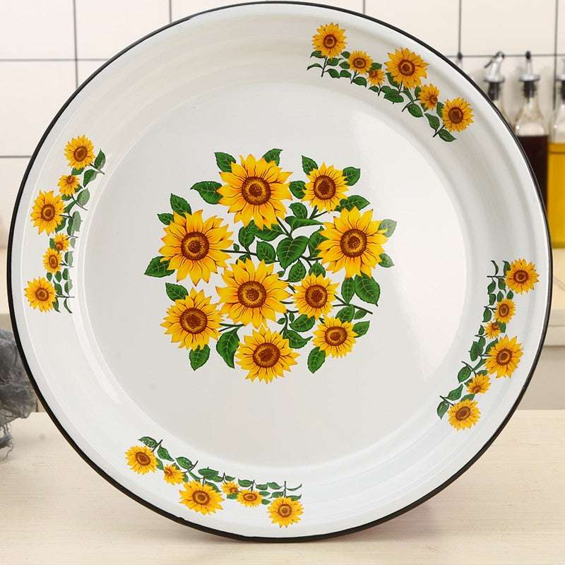Agate Vintage Enamel Food Plate Fruit Plate Serving Tray Decorated - Sunflower / 30cm
