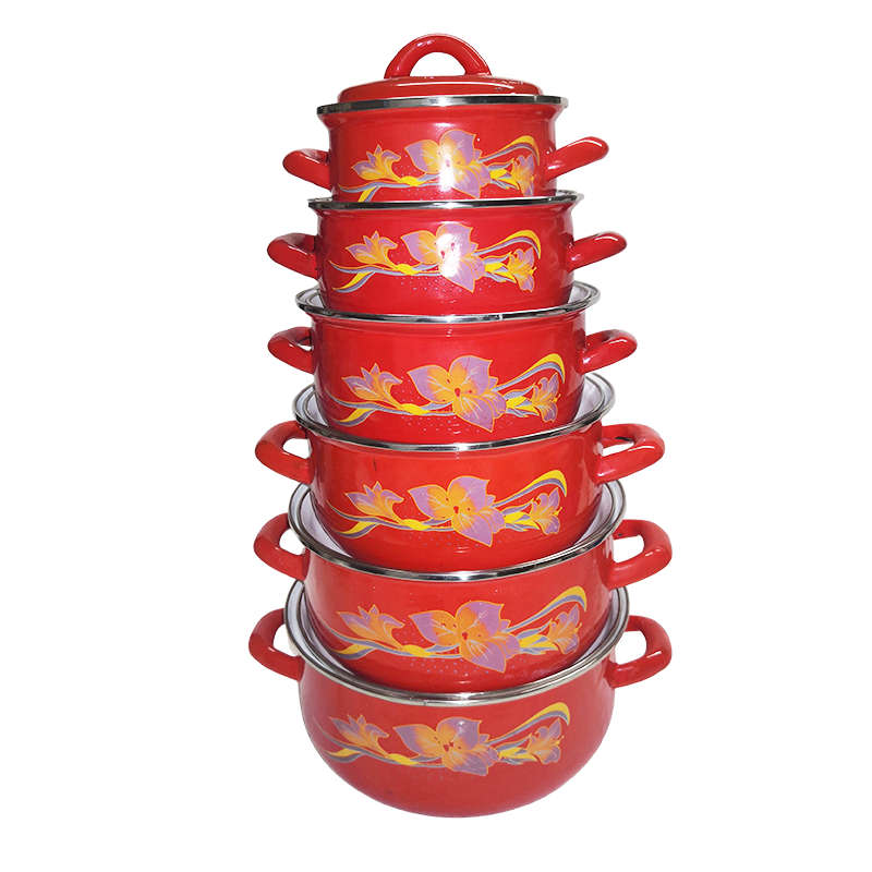 Defects Stock Clearance - Heavy Gauge Red Floral Enamel Pot - Red / 12PC Set