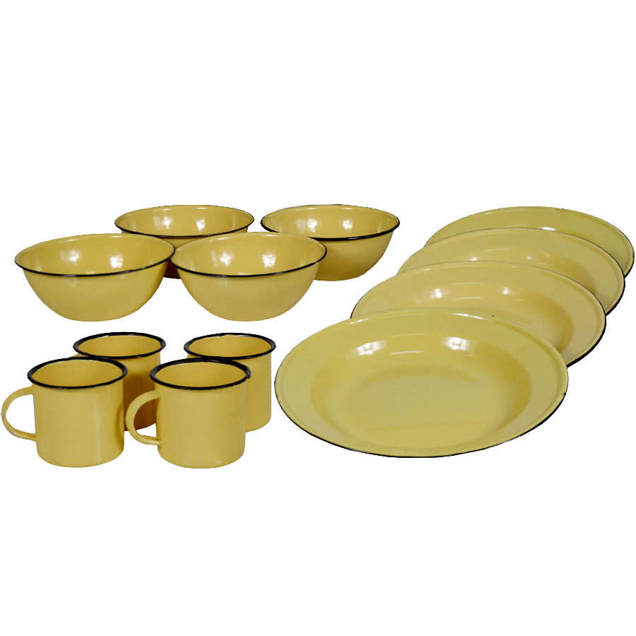 New World Enamelware 12pc dinning set mug plate bowl camping