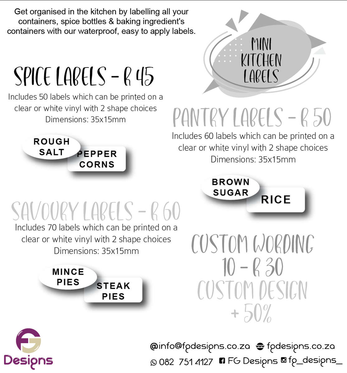 Kitchen Labels - Mini Spice Oval / White Vinyl